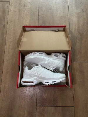Helt nya Nike Air Max Plus TN (Triple White) - Strl 41 🔥✨ - Säljer ett par grymma och helt nya Nike Air Max Plus (TN) i klassisk helvit design. Skorna är aldrig använda, kommer med originalkartong och tagsen sitter kvar!  Storlek: 41  Skick: Helt nya / Deadstock (DS) i box  Färg: Triple White  Kvitto: Saknas Skickas spårbart eller hämtas enligt överenskommelse. Köparen står för frakten. Skriv ett DM om du har några frågor eller vill ha fler bilder! 👟💨 