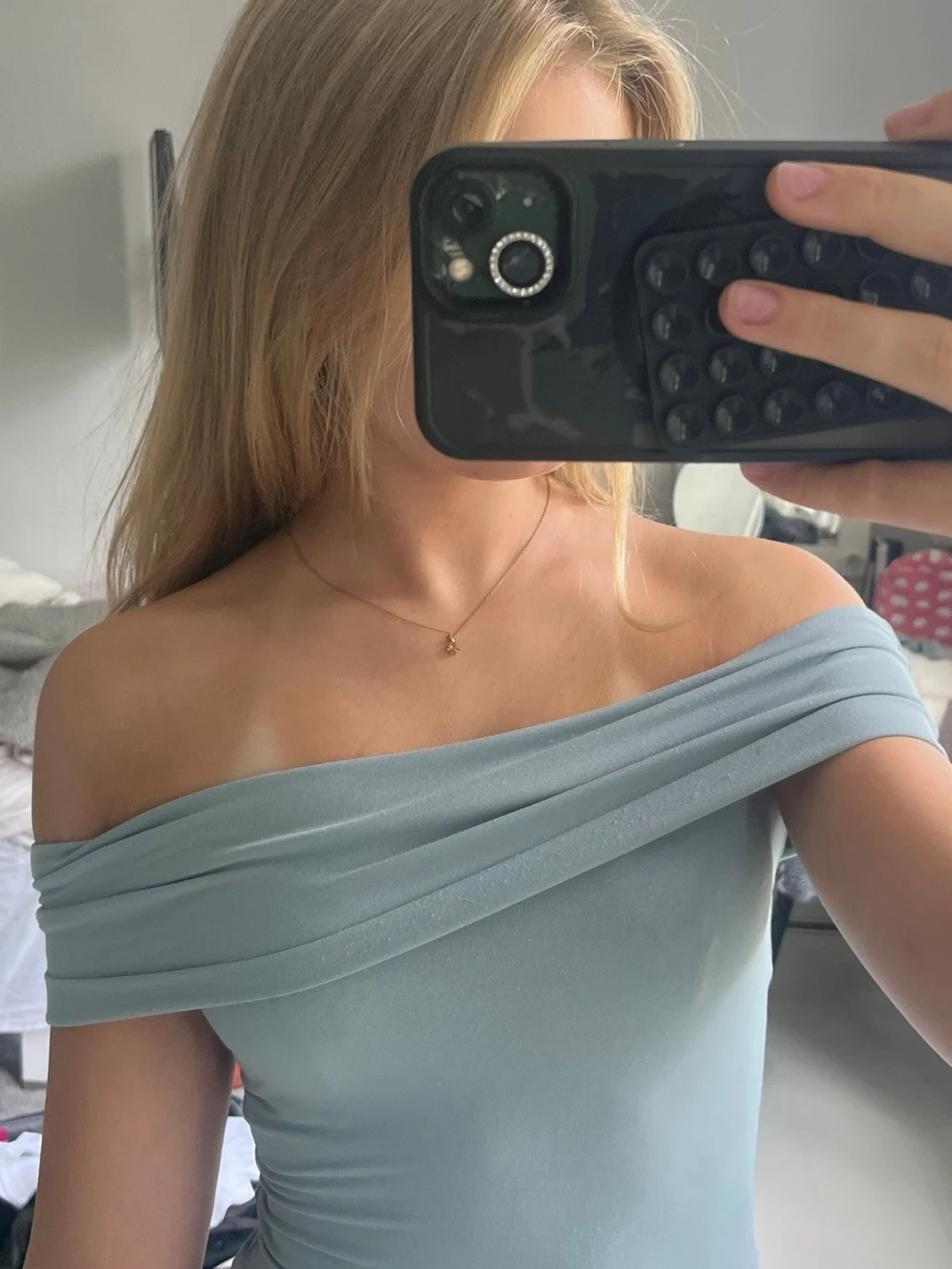 Ljusblå offshoulder topp - 1