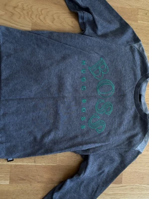 Grå sweatshirt från Hugo Boss - Snygg grå sweatshirt från Hugo Boss med stort grönt BOSS-tryck och texten HUGO BOSS på bröstet. Tröjan har rund halsringning och långa ärmar. Perfekt för en avslappnad och trendig stil.