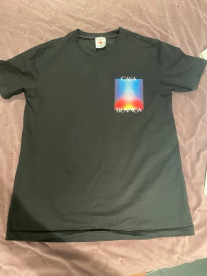 Svart Casa Blanca t-shirt med tryck - Snygg svart t-shirt med färgstarkt grafiskt tryck och texten 'Casa Blanca' på både bröstet och ryggen. T-shirten har klassisk passform och korta ärmar. Perfekt för dig som vill sticka ut med en cool design.