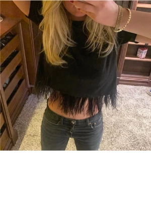 Svart croppad topp med fransar - Säljer en svart croppad topp med korta ärmar och fransdetaljer längs nederkanten. Toppen har en loose passform och är perfekt för dig som vill ha något trendigt och edgy. Materialet känns mjukt och bekvämt mot huden.