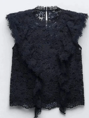 Blå spetsblus med volangdetaljer från Zara  - Snygg blå  blus i spets med volangdetaljer framtill och längs ärmarna. Blusen är ärmlös och har en rund halsringning med knapp i nacken. Perfekt för dig som gillar en romantisk och trendig stil. Materialet är genombruten spets som ger en elegant känsla. Aldrig använt skriv för frågor. Går inte att köpa längre därav priset 