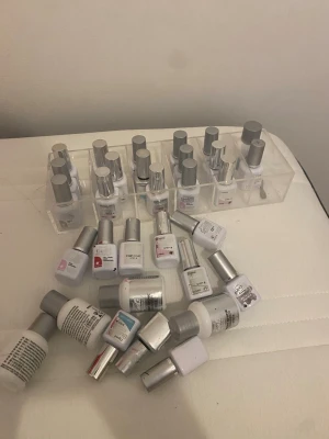 Samling gelnagellack med silverlock - Säljer ett större set gelnagellack i olika färger, alla med snygga silverfärgade lock. Flaskorna är vita och kommer i en praktisk genomskinlig förvaringslåda. Perfekt för dig som gillar att fixa naglarna hemma och vill ha många färgval. Vissa är använda men de mesta är oöppnad 