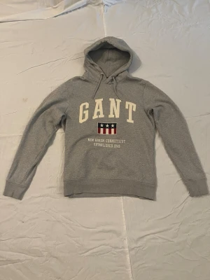 Grå hoodie från GANT med tryck - Säljer en grå hoodie från GANT med stor logga och amerikanskinspirerat tryck på bröstet. Tröjan har huva med dragsko, ribbade muddar och klassisk collegekänsla. Perfekt för dig som gillar stilren och sportig look.