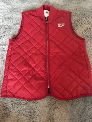 Röd dunväst med tryck - Snygg röd dunväst med quiltat mönster och dragkedja framtill. På bröstet och ryggen finns texten 'UNIFORM OF THE FREE' i vitt. Västen har en sportig look och är perfekt för lager-på-lager.