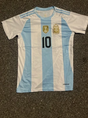 Argentina Messi matchtröja nr 10 - Säljer en snygg Argentina matchtröja med ljusblå och vita ränder, nummer 10 och Messi på ryggen. Tröjan har FIFA- och AFA-emblem på bröstet och är tillverkad i ett lätt, ventilerande material. Perfekt för fotbollsfans och träning.