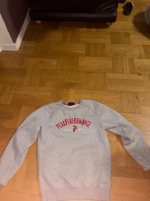 Grå sweatshirt från Peak Performance - Grå sweatshirt med röd Peak Performance-logga och text framtill. Klassisk rund halsringning och långa ärmar. Mjuk bomullskänsla och ribbade muddar vid ärmslut och nederkant. Perfekt för en avslappnad stil.