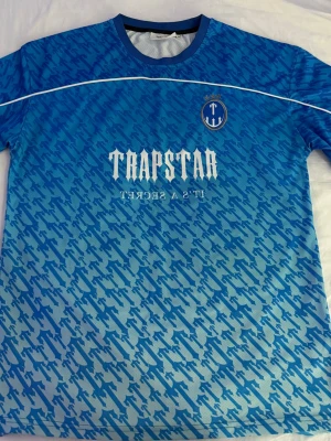 Blå mönstrad Trapstar t-shirt - Säljer en blå t-shirt från Trapstar med ett unikt mönster i olika blå nyanser. De står M fanns blir den översize, det passar mer på storlek L tycker jag.
