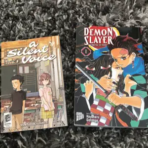 Hej! Jag säljer två av mina mangas, båda = 150kr en = 75kr | jag råkade köpa demon slayer mangan på tyska istället för engelska, men a silent voice mangan är på engelska 