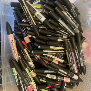 137 promarkers värt 4110kr - Färgerna är 11st rosa 30st hudfärg 11st röd/orange  9st gula 21st blåa 19st gröna 11st lila 25st gråa   Detta är professionella tuschpennor och kostar normal 30kr/st   Det är 70%-90% kvar i alla pennor. Några är aldrig använda  Ingår 3 organisation låda  