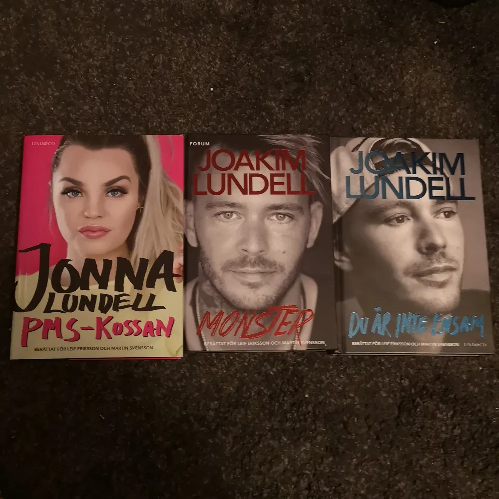 3 stycken böcker Jonna Lundell pms-kossan, Joakim Lundell monster, Joakim Lundell du är inte ensam. Övrigt.