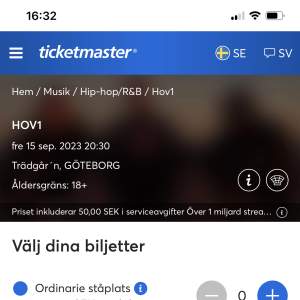 Säljer en biljett till hov1 Göteborg 15 september! Går för 470 kr, biljetterna är slutsålda.  