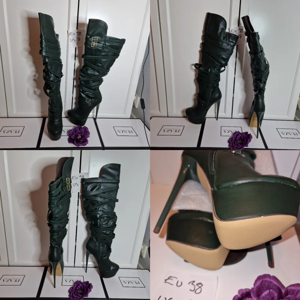 Coola stövlar i skinnimitation med snygga detaljer Klackhöjd ca 16 cm platå ca 5 cm Helt nya och oanvända!. Kengät.