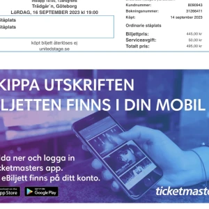 Hov1 biljett 16 september - Säljer en hov1 biljett för min syster blev sjuk, 16 september Göteborg 13+