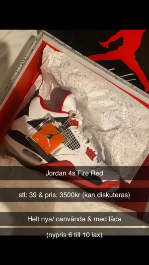 Säljer mina Jordan 4 Fire red  - Oanvända, Stl 39. Pris kan diskuteras. Möts upp i Stockholm. Kan frakta med. Hör av er :)