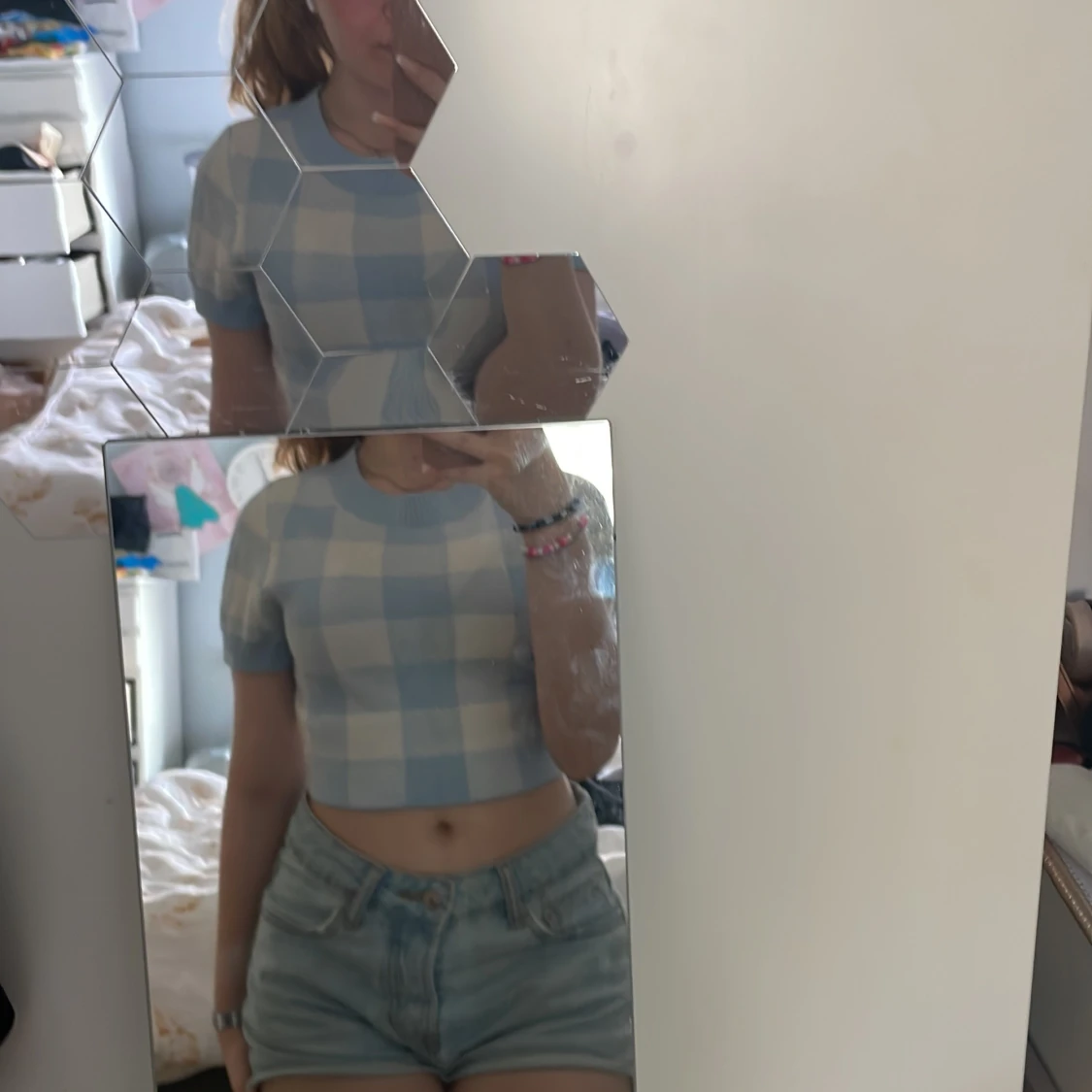 Croppad blå picknick topp - 91