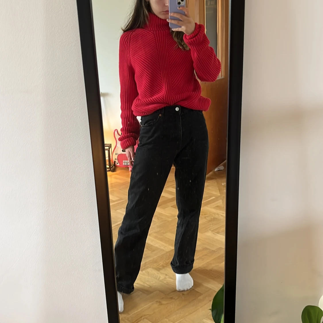 Röd stickad polo - 90