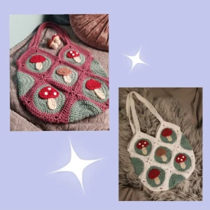 Virkad väska - Designa din egna väska! Välj precis vilka färger du vill ha på din väska🦋 Det finns 3 olika modeller att välja mellan (bild 1) - Svamp, (bild 2 ) - solros och (bild 3) - Tusensköna❤ Väskan blir ca 28 cm i bredd och ca 30 cm i längd🌼