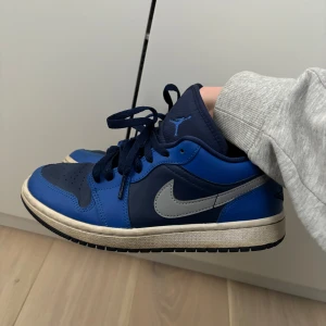 Blå Nike Air Jordans - Snygga blå Nike Air Jordans med grå detaljer och klassisk snörning. Perfekta för dig som älskar stil och komfort i ett. Skorna har en ikonisk logga på hälen och en robust sula.