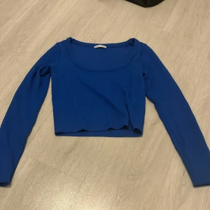 Blå ribbad croppad topp - Snygg blå ribbad topp med långärmad design och croppad passform. Perfekt för en trendig look.