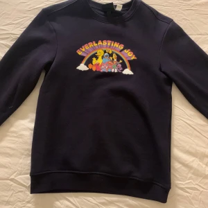 Mörkblå tröja med tryck från H&M - Säljer en mörkblå tröja från H&M med ett färgglatt tryck av 'Everlasting Joy' och kända figurer. Perfekt för att liva upp vardagslooken! Tröjan har långa ärmar och är i bra skick. Passar perfekt för höst och vår. Tröjan är använd 1 gång så därav i princip nyskick! Köpte för 350 men säljer för 130