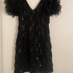Svart glittrig klänning från H&M - Snygg svart klänning från H&M med glittriga paljetter och puffiga kortärmar. Perfekt för en festlig kväll med sin v-ringade design och eleganta look. Den är väldigt kort i modellen. Storlek 40. Aldrig använd. Skriv för frågor eller mer bilder💕Tar gärna emot prisförslag 