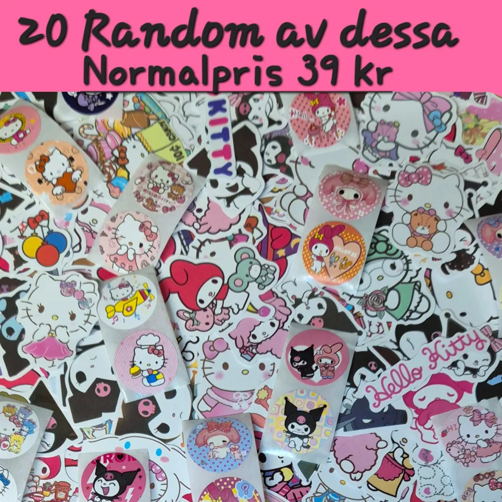 Välj 1 påse så fyller jag den  med 30 Stickers & 1 söt spegel 1 Supersöt mjuk påse 16×14cm 1 Fickspegel HelloKitty 7×7cm 20 små Stickers 2.5-5cm 10 stora Stickers 5.5-7.5cm  Titta igenom alla mina upplagda & köp fler saker i Bundle för att spara på frakten & få allt du köpt i ett & samma paket. För att köpa med Bundle så får du först trycka i 