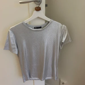 Silverfärgad glittrig topp från Zara - Säljer en superfin silverfärgad topp från Zara. Den är glittrig och perfekt för fest. Toppen har korta ärmar och en rund halsringning. Passar perfekt till både jeans och kjol.
