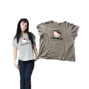 Grå Hello Kitty t-shirt - Säljer en söt grå t-shirt med Hello Kitty-tryck. Det står att de är storlek XL men skulle säga att den är mer som en M/S🐱❤️