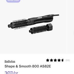 BaByliss Shape & Smooth 800 AS82E - BaByliss Shape & Smooth är en stylingborste som ger volym och form till håret. Den har en svart design och kommer med två utbytbara borsthuvuden för olika stylingalternativ. Kan både schysstera värme samt luft. Köpt för 300 kronor. ALDRIG ANVÄND! 😊