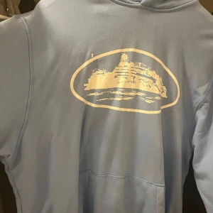 Ljusblå hoodie med märket Corteiz - Säljer en ljusblå hoodie med ett coolt tryck på ryggen. Perfekt för sköna dagar eller när du vill ha något bekvämt men ändå stiligt. Den har en oversized passform och en skön huva. Perfekt för höst och vår!