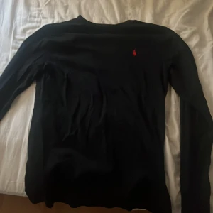 Svart tröja med röd logotyp - Säljer en stilren svart tröja från Ralph Lauren med en röd broderad logotyp på bröstet. Tröjan har långa ärmar och är perfekt för en klassisk look.