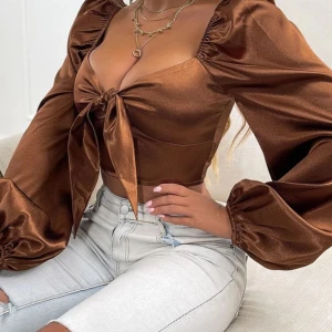 Brun satinblus med knyt - Elegant brun blus i satin med knyt framtill. Blusen har långa ärmar och en glansig finish som ger en lyxig känsla. Perfekt för en stilfull look.