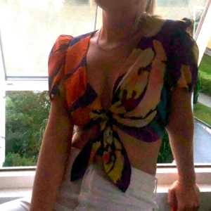 Färgglad omlottopp från NA-KD - Säljer en superfin färgglad omlottopp från NA-KD. Toppen har korta puffärmar och en knytning framtill. Perfekt till sommaren. 