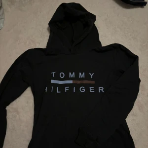 Svart hoodie från Tommy Hilfiger - Snygg svart hoodie från Tommy Hilfiger med märkets logga i blått och brunt på bröstet. Perfekt för en avslappnad stil.