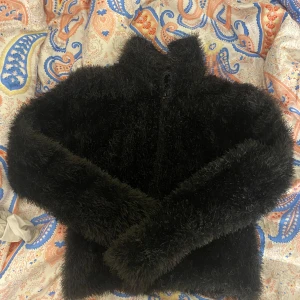 Svart pälsjacka - Säljer en fluffig och mysig svart pälsjacka Jackan har långa ärmar och en stilren design som passar perfekt för kyligare dagar. Perfekt för att hålla värmen med stil!