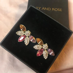 Lily and Rose örhängen  - Snygga örhängen från Lily and Rose med stenar i olika färger. Rosa , Champagne färgade, Ljus lila och vita  små strass diamanter. Botten dvs metallen är guldfärgad och gjord av mässing med 18 karat guld utanpå. Köpta nyligen och använda men mkt fina, ser nästan helt nya ut. Använder dem inte på grund av att dem är lite för stora och tunga för min smak. 