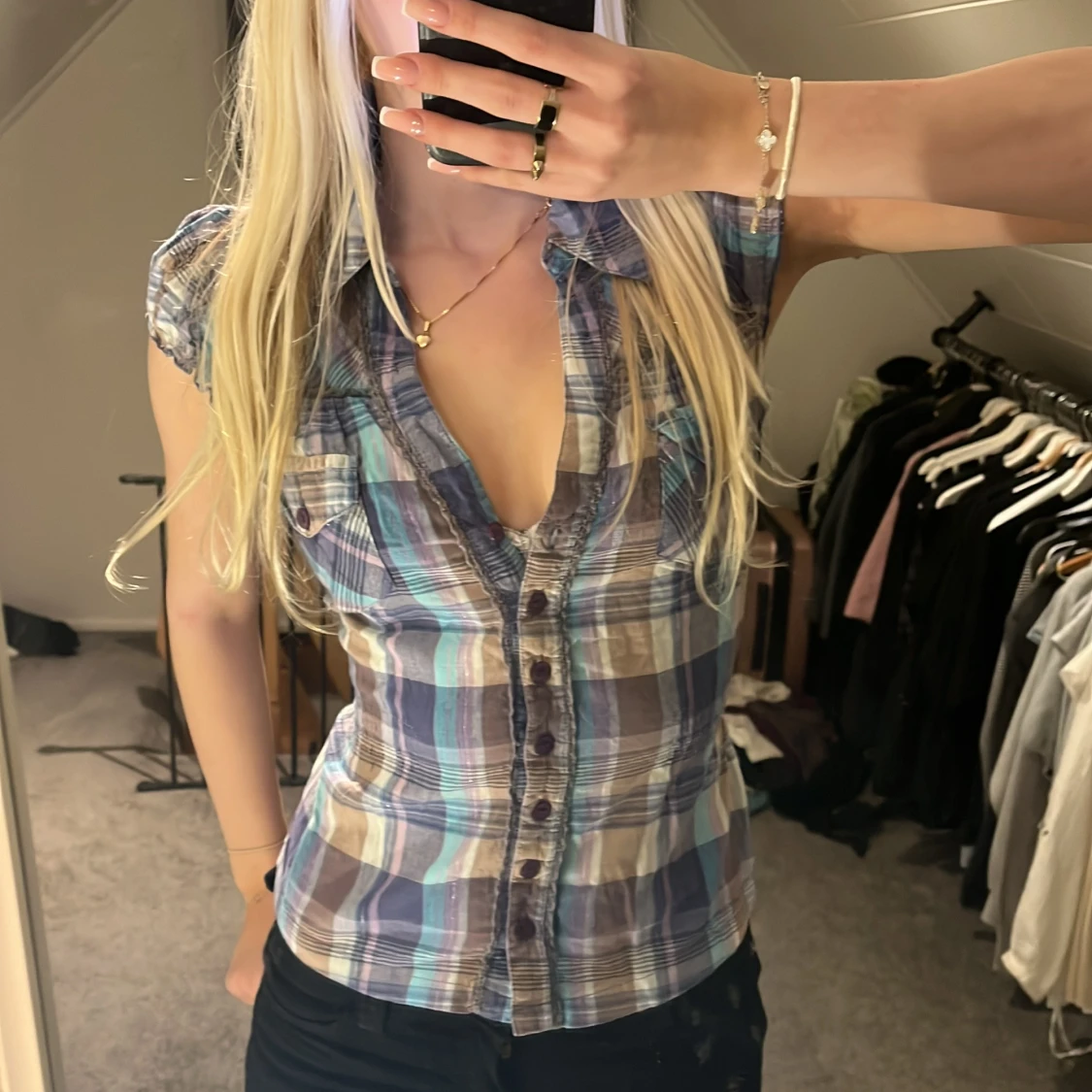 Rutig blus med korta ärmar - 92