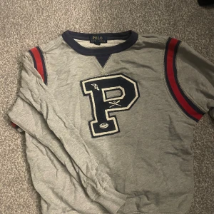 Grå tröja från Polo Ralph Lauren - Säljer en snygg grå tröja från Polo Ralph Lauren med ett stort 'P' tryck på framsidan. Tröjan har långa ärmar med röda och blå ränder på axlarna och en mörkblå krage. Perfekt för en casual look!nypris (1199)