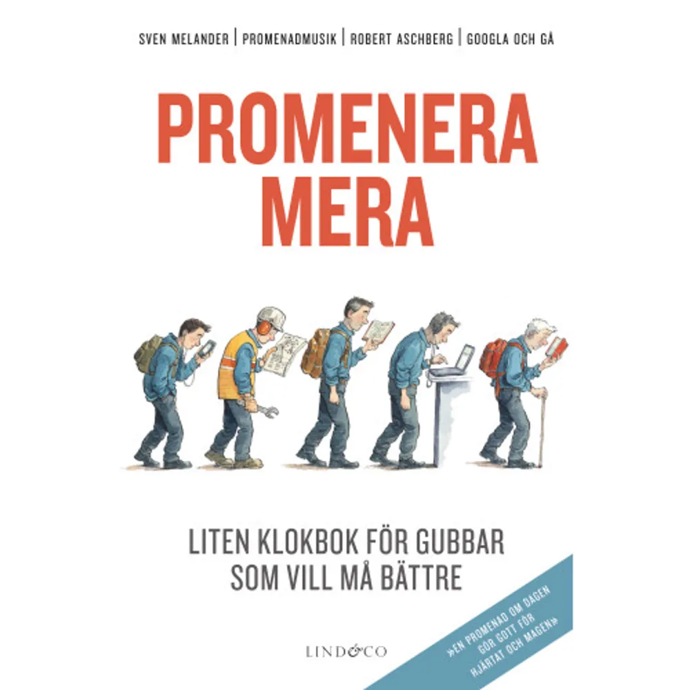 Tanken föddes en regnig oktoberlördag för snart tio år sedan. Vi hade ätit middag. En av oss hade just fullgjort sin sista arbetsdag som anställd, några andra hade redan gått i pension. Vi kände en viss rastlöshet och bestämde oss för att promenera bort den. I den här boken berättar vi varför och hur vi samlas varje måndagsmorgon och promenerar, diskuterar, funderar och avslutar med kaffe och lite hjärngympa.  Promenera mera Liten klokbok för gubbar som vill må bättre innehåller tänkvärda, lärorika och underhållande texter om nyttan och nöjet i att promenera. Boken innehåller allt från tankar kring hur promenader får dig att må bättre till hur du lär dig promenera med hjälp av Google, hittar bra caféer och hur du kommer igång. Texterna i boken är skrivna av ett troget promenadgäng som ses varje måndag, oavsett väder: Jöran Bengtsson, Anders Gerdin, Bengt Holmquist, Bosse Johansson, Sven Melander, Jan Mosander, Kjell Nilsson, Arne Norlin, Paolo Rodriguez, Lasse Sandlin, Nils Wennberg, Jörgen Widsell, Leif Zetterling samt Mats Örbrink. Promenera mera är en fantastisk presentbok till vänner eller äkta män som behöver få inspiration för att komma igång och återuppväcka sin livslust. Promenader gör gott i själ och hjärta!    Format Kartonnage   Omfång 205 sidor   Språk Svenska   Förlag Lind & Co   Utgivningsdatum 2019-05-09   Medverkande Jörgen Widsell   Medverkande Sven Melander   Medverkande Arne Norlin   Medverkande Jörgen Widsell   Medverkande Nils Wennberg   Medverkande Jöran Bengtson   Medverkande Anders Gerdin   Medverkande Jan Mosander   Medverkande Mats Örbrink   Medverkande Mats Holmquist   Medverkande Olof Abrahamsson Ericsson   Medverkande Kjell Nilsson   Medverkande Robert Aschberg   ISBN 9789177797524  . Böcker.
