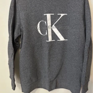 Grå sweatshirt från Calvin Klein - Säljer en grå sweatshirt från Calvin Klein med det ikoniska CK-logotypen tryckt i vitt på framsidan. Tröjan har långa ärmar och en rund halsringning, perfekt för en avslappnad look.
