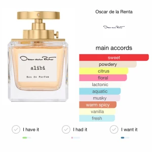 Alibi Eau de Parfum från Oscar de la Renta - Upptäck Alibi Eau de Parfum från Oscar de la Renta. Denna eleganta doft kommer i en stilren, fyrkantig glasflaska med en lyxig guldfärgad spraypump. Doften har söta, pudriga och citrusaktiga noter, med inslag av blommor och vanilj. Perfekt för den som vill ha en sofistikerad och modern doftupplevelse.