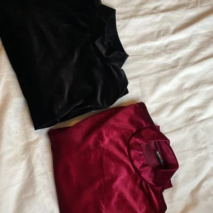Svart och vinröd sammetstopp - Två eleganta toppar i mjuk sammet, en i svart och en i vinröd. Perfekta för en stilren look med hög krage och korta ärmar. Passar utmärkt för både vardag och festliga tillfällen. Använd två gånger. 80kr st