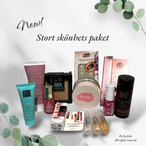 Nytt!Stort skönhetspaket med smink och hudvård, parfym mm - Paketet innehåller en blandning av smink, hudvårdsprodukter, parfym, nagellack mm. Inkluderar Maybelline Fit Me foundation, Paese puder, Sephora läppstift, Mavala&depend nagellack, Anastasia ögonbrynspenna, Rituals solskydd och kroppsolja, samt Korres nattkräm. Parfym tester gucci, armaf, Elisabeth Arden. Perfekt för en komplett skönhetsrutin. Allting är nytt och oanvänt! Fler bilder kan fås vid efterfrågan. Skambud undanbedes! 