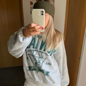 Grå sweatshirt med grönt tryck - Säljer en grå sweatshirt  tryck framtill. Perfekt till afterski! 