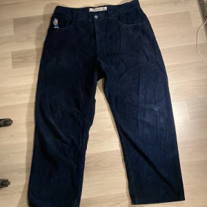 Mörkblå manchesterbyxor från '93 Cords - Säljer ett par snygga mörkblå manchesterbyxor från '93 Cords. Byxorna har en cool broderad detalj med en karaktär på framsidan och en etikett med '93 på baksidan. De är perfekta för en avslappnad och stilren look.