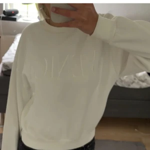 Vit sweatshirt från Gina Tricot - Säljer en stilren vit sweatshirt från Gina Tricot med texten 'VENICE' i relief på framsidan. Tröjan har långa ärmar och en rund halsringning. Perfekt för en avslappnad look.
