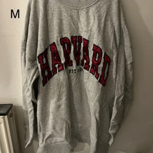 Grå sweatshirt med Harvard-tryck - Säljer en grå sweatshirt med stort rött Harvard-tryck på framsidan. Tröjan har långa ärmar och en rund halsringning. Perfekt för en avslappnad stil eller som en del av en lager-på-lager-look.