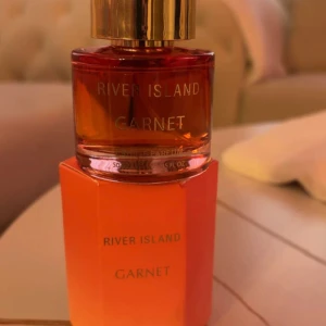 River Island Garnet Parfym - Snygg parfymflaska från River Island i en djup röd färg med guldlock. Doften heter Garnet och kommer i en elegant design som passar perfekt på sminkbordet. Flaskan har en modern och stilren look.