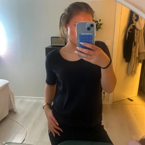 Svart topp - Säljer en stilren mörkblå topp med korta ärmar. Perfekt för en enkel och klassisk look. Toppen har en rund halsringning och är gjord i ett mjukt material som ger en bekväm passform.